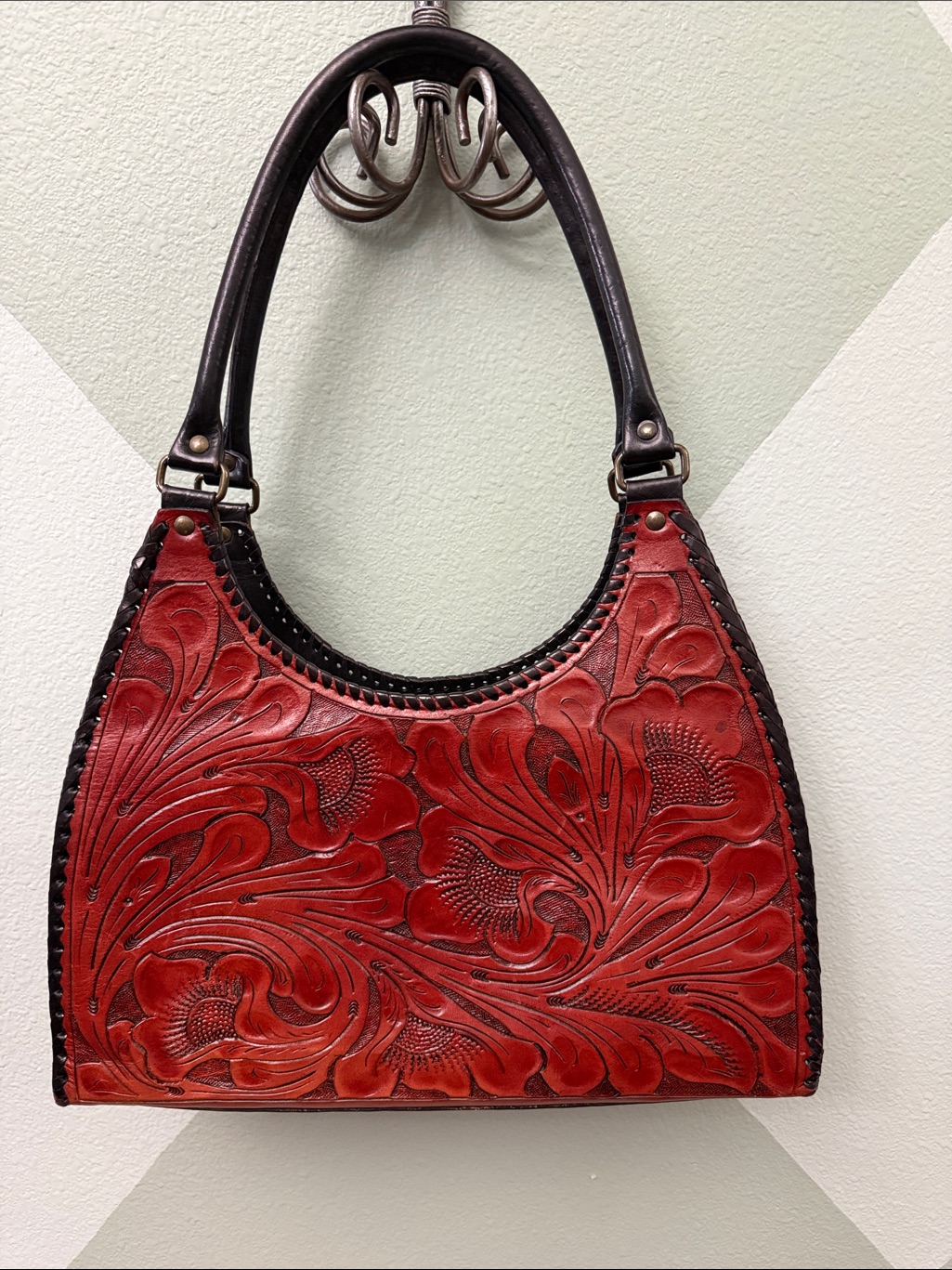 Hand-Tooled Red Leather Shoulder Bag